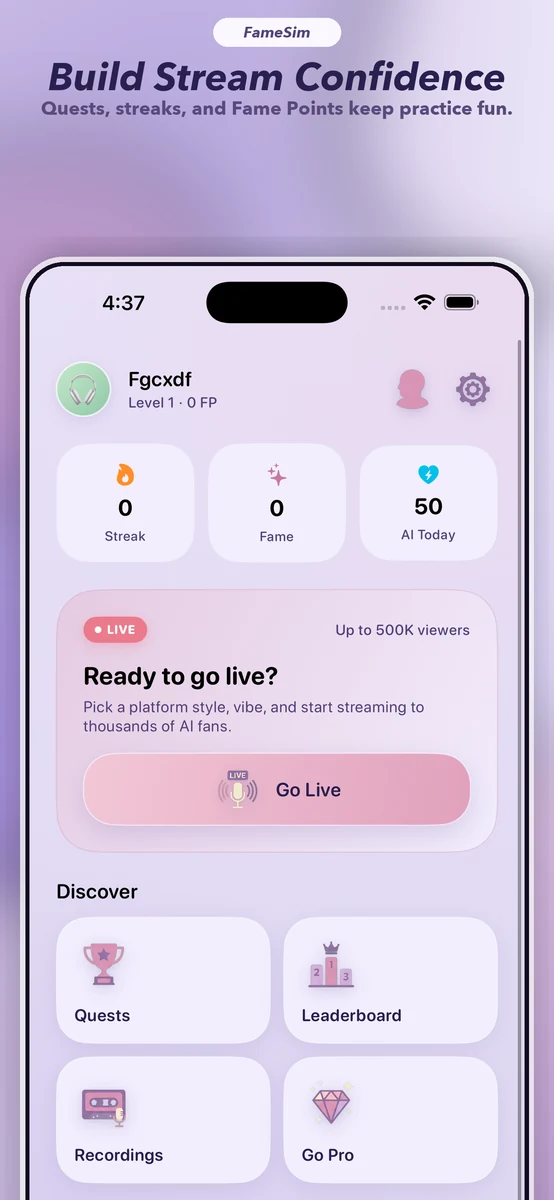 FameSim live streaming practice screen